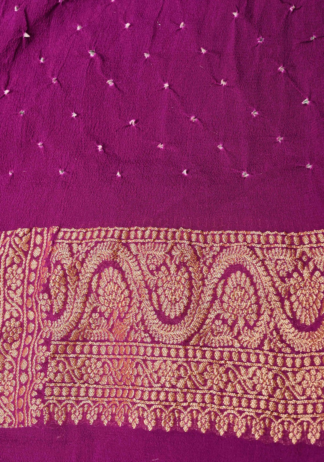 Purple Authentic Hand Bandhej Banarasi Trellis jaal Georgette Silk Saree with Zari border and Koniya Motifs  | SILK MARKED CERTIFIED | SHOBITAM