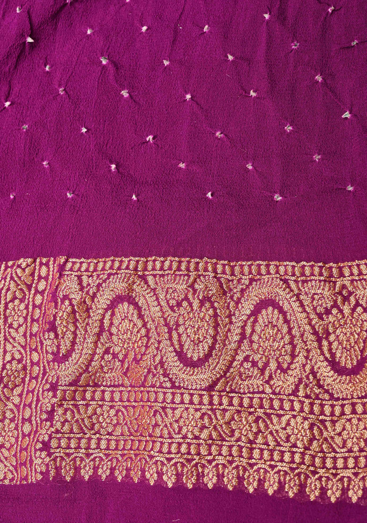 Purple Authentic Hand Bandhej Banarasi Trellis jaal Georgette Silk Saree with Zari border and Koniya Motifs  | SILK MARKED CERTIFIED | SHOBITAM