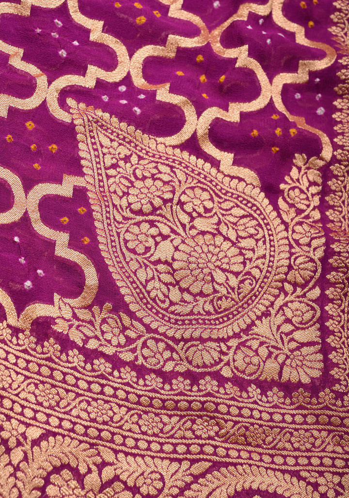 Purple Authentic Hand Bandhej Banarasi Trellis jaal Georgette Silk Saree with Zari border and Koniya Motifs  | SILK MARKED CERTIFIED | SHOBITAM