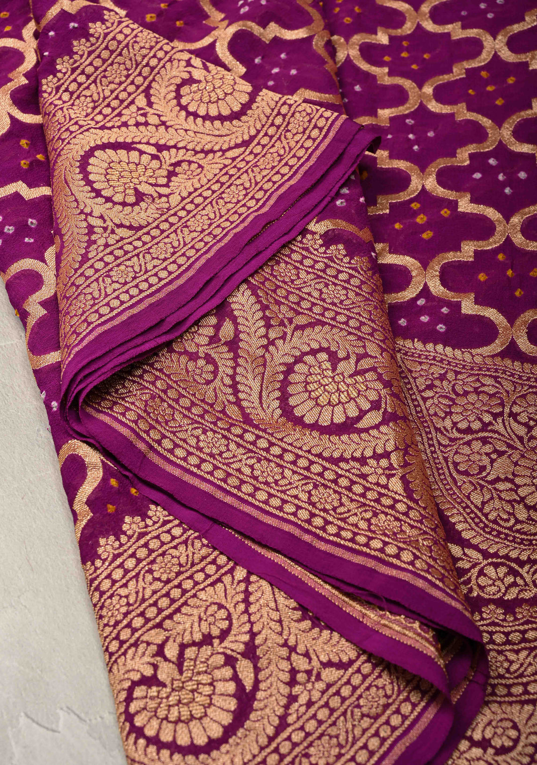 Purple Authentic Hand Bandhej Banarasi Trellis jaal Georgette Silk Saree with Zari border and Koniya Motifs  | SILK MARKED CERTIFIED | SHOBITAM