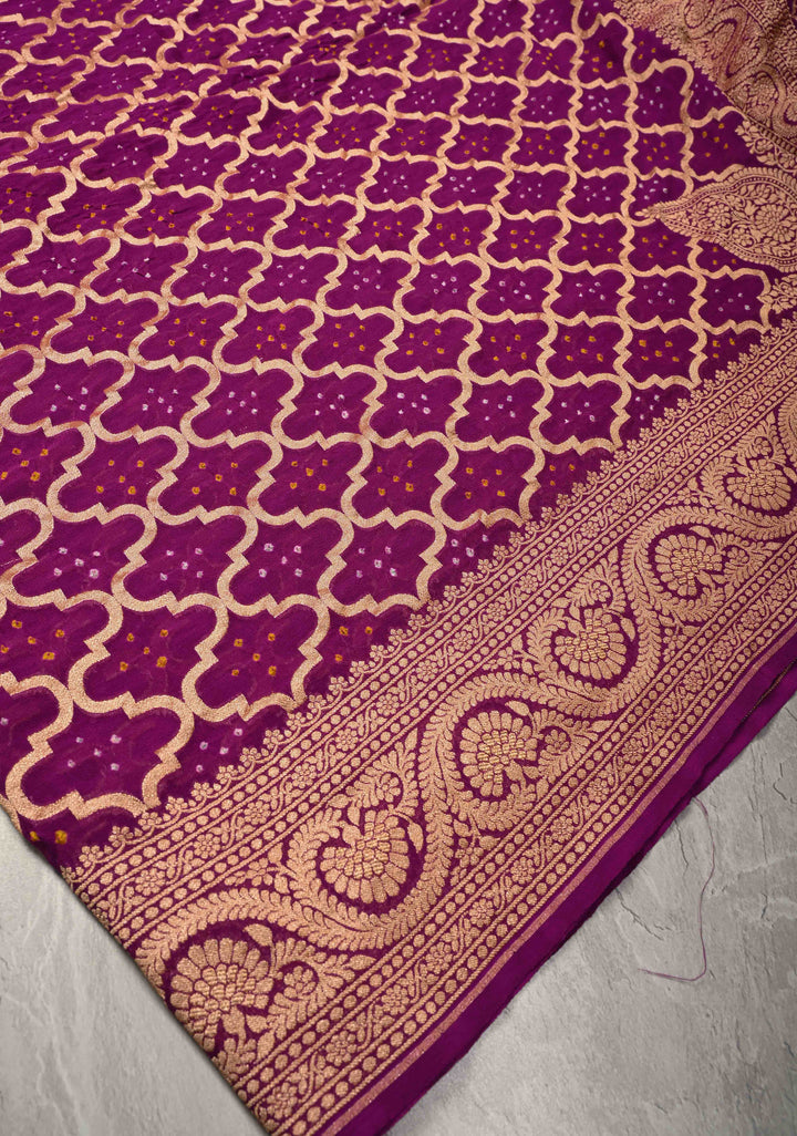 Purple Authentic Hand Bandhej Banarasi Trellis jaal Georgette Silk Saree with Zari border and Koniya Motifs  | SILK MARKED CERTIFIED | SHOBITAM