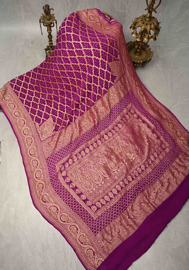 Purple Authentic Hand Bandhej Banarasi Trellis jaal Georgette Silk Saree with Zari border and Koniya Motifs  | SILK MARKED CERTIFIED | SHOBITAM
