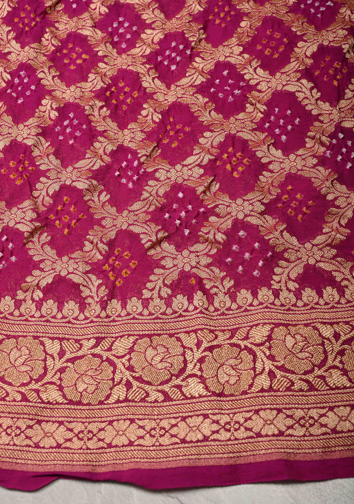 Magenta-Pink Sarkam Bandhej on Pure Banarasi Silk Georgette Saree with Half Gharchola and Half Jaal Design  | SILK MARK CERTIFIED