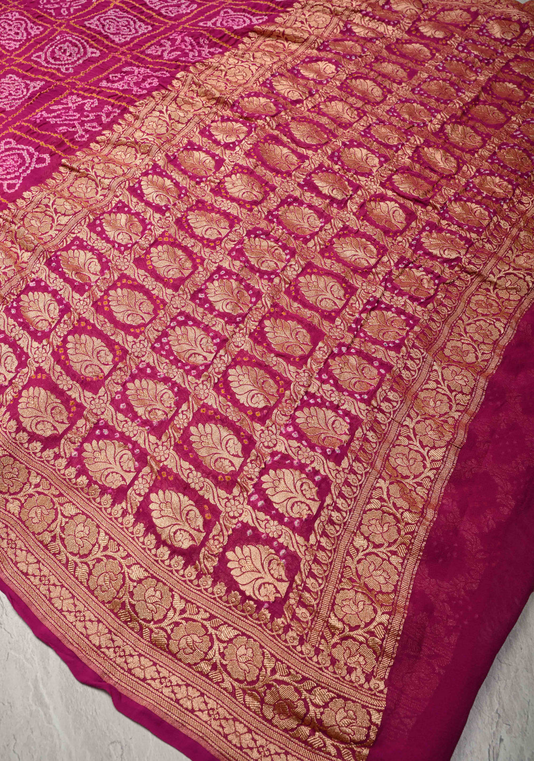 Magenta-Pink Sarkam Bandhej on Pure Banarasi Silk Georgette Saree with Half Gharchola and Half Jaal Design  | SILK MARK CERTIFIED