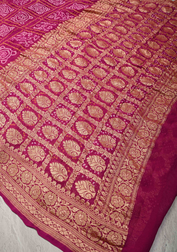 Magenta-Pink Sarkam Bandhej on Pure Banarasi Silk Georgette Saree with Half Gharchola and Half Jaal Design  | SILK MARK CERTIFIED