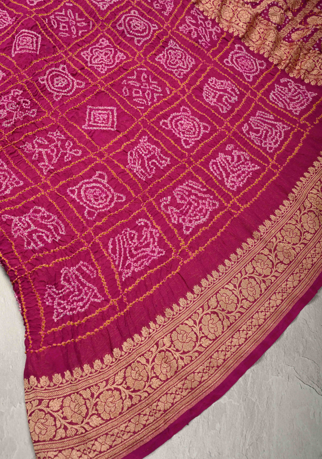Magenta-Pink Sarkam Bandhej on Pure Banarasi Silk Georgette Saree with Half Gharchola and Half Jaal Design  | SILK MARK CERTIFIED