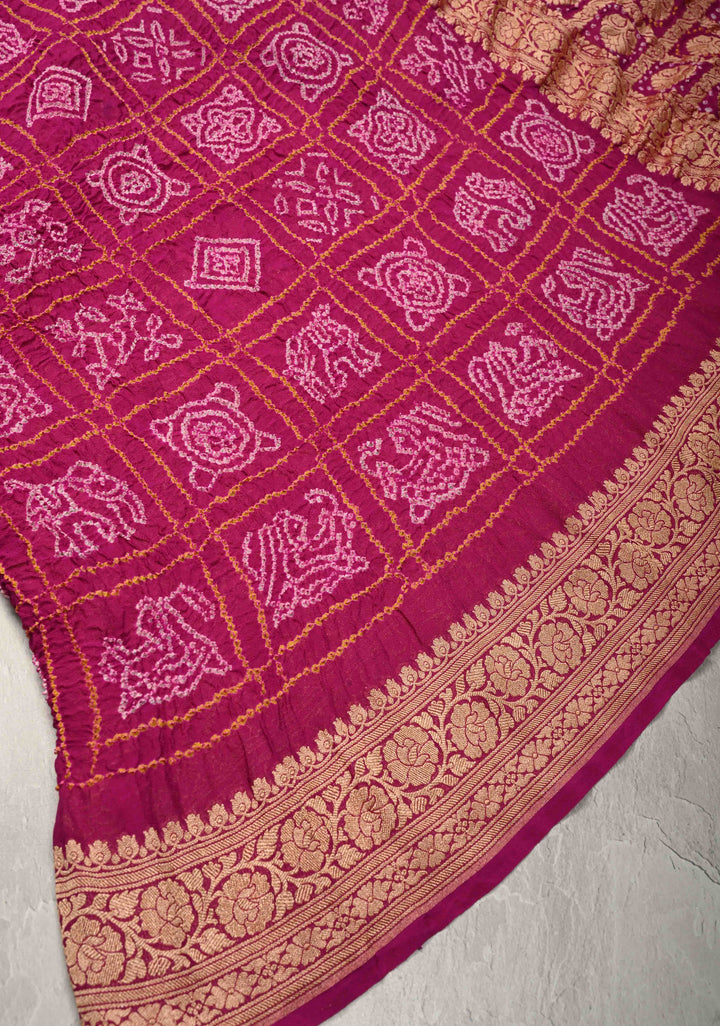 Magenta-Pink Sarkam Bandhej on Pure Banarasi Silk Georgette Saree with Half Gharchola and Half Jaal Design  | SILK MARK CERTIFIED