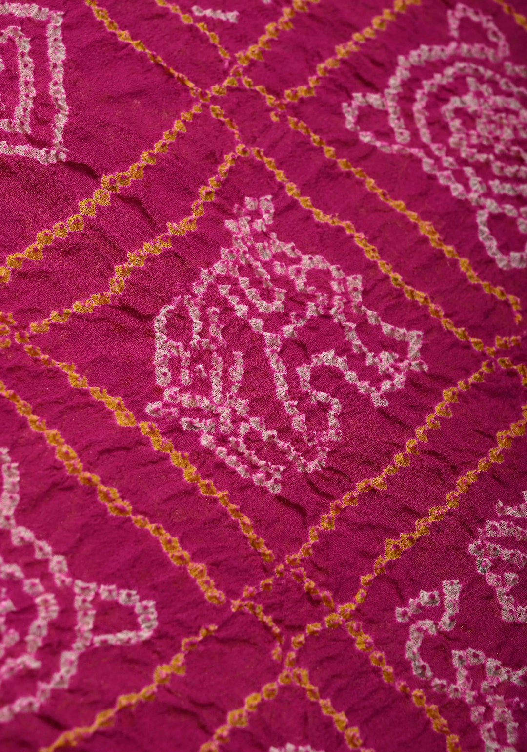 Magenta-Pink Sarkam Bandhej on Pure Banarasi Silk Georgette Saree with Half Gharchola and Half Jaal Design  | SILK MARK CERTIFIED