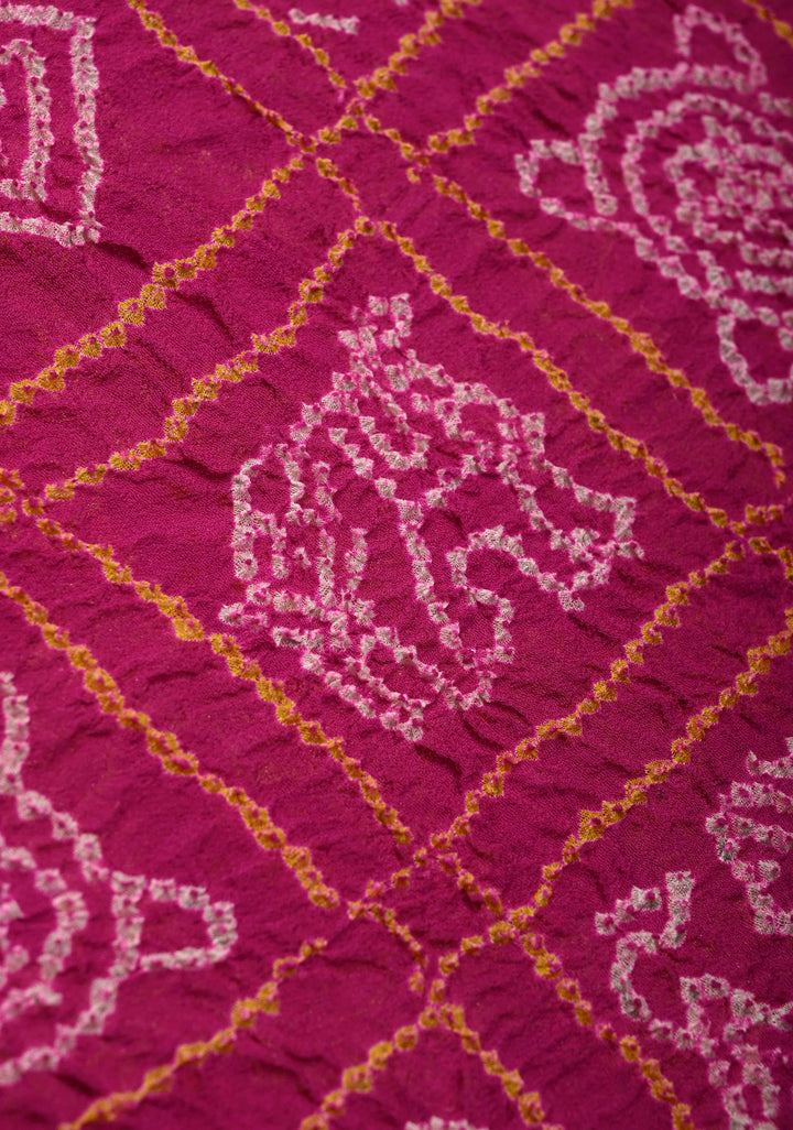 Magenta-Pink Sarkam Bandhej on Pure Banarasi Silk Georgette Saree with Half Gharchola and Half Jaal Design  | SILK MARK CERTIFIED