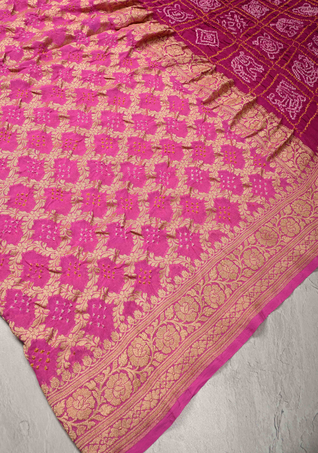Magenta-Pink Sarkam Bandhej on Pure Banarasi Silk Georgette Saree with Half Gharchola and Half Jaal Design  | SILK MARK CERTIFIED