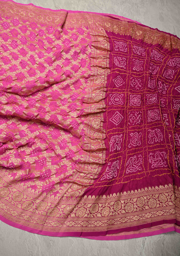 Magenta-Pink Sarkam Bandhej on Pure Banarasi Silk Georgette Saree with Half Gharchola and Half Jaal Design  | SILK MARK CERTIFIED