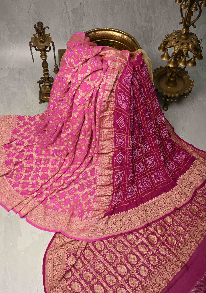 Magenta-Pink Sarkam Bandhej on Pure Banarasi Silk Georgette Saree with Half Gharchola and Half Jaal Design  | SILK MARK CERTIFIED