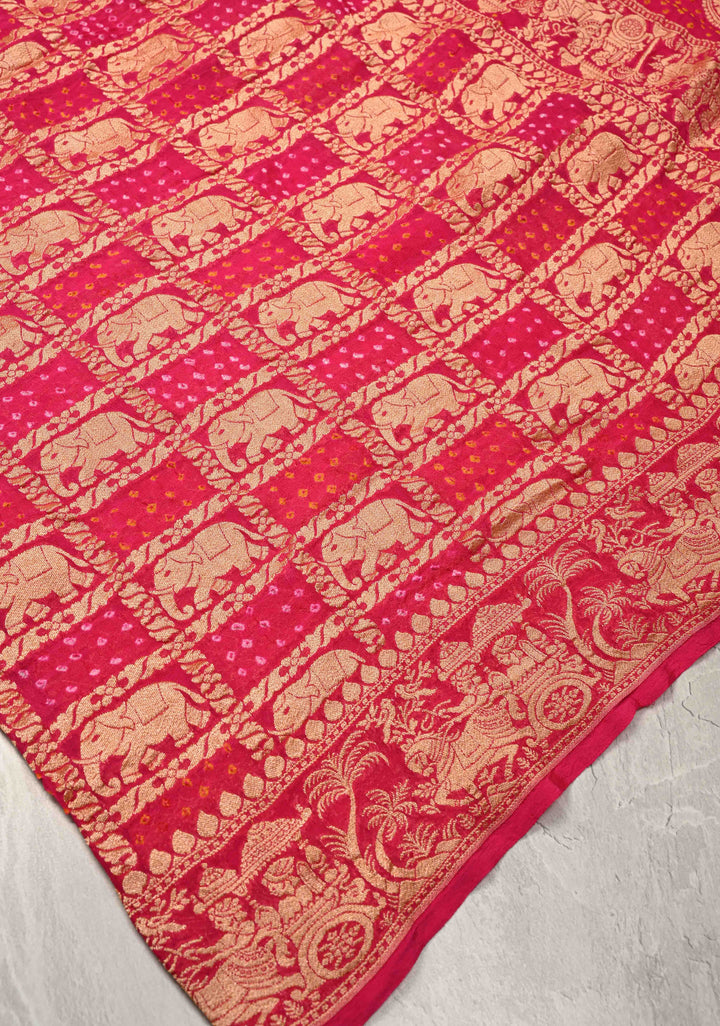 Pink Banarasi Gharchola design elephant motifs georgette bhandini saree | SILK MARK CERTIFIED | SHOBITAM