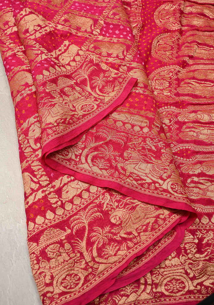 Pink Banarasi Gharchola design elephant motifs georgette bhandini saree | SILK MARK CERTIFIED | SHOBITAM