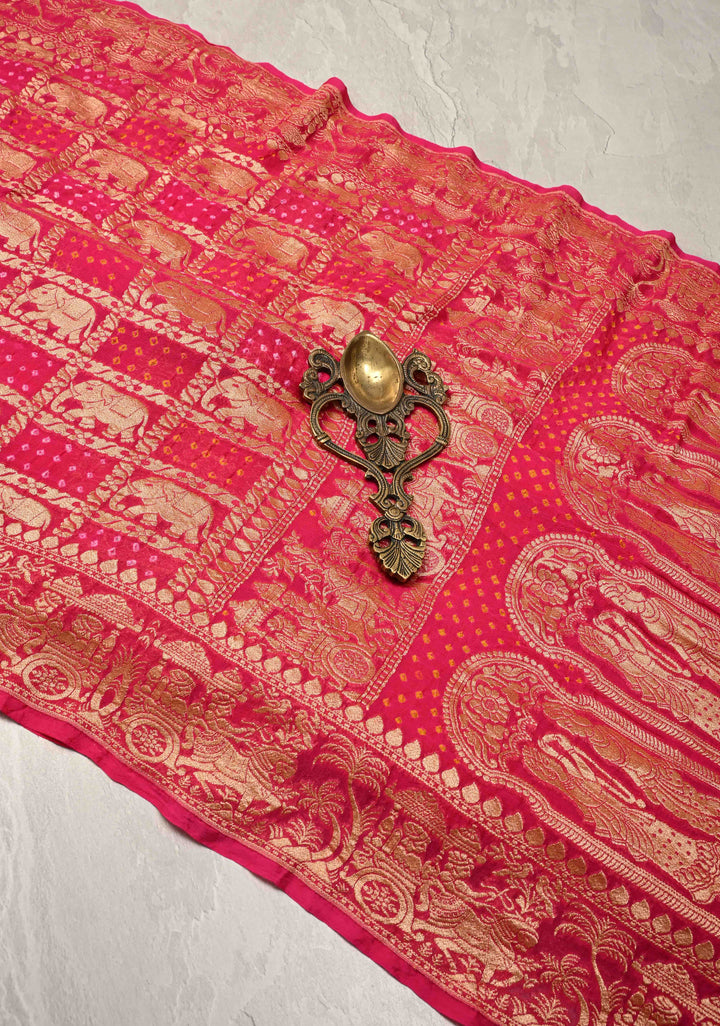 Pink Banarasi Gharchola design elephant motifs georgette bhandini saree | SILK MARK CERTIFIED | SHOBITAM