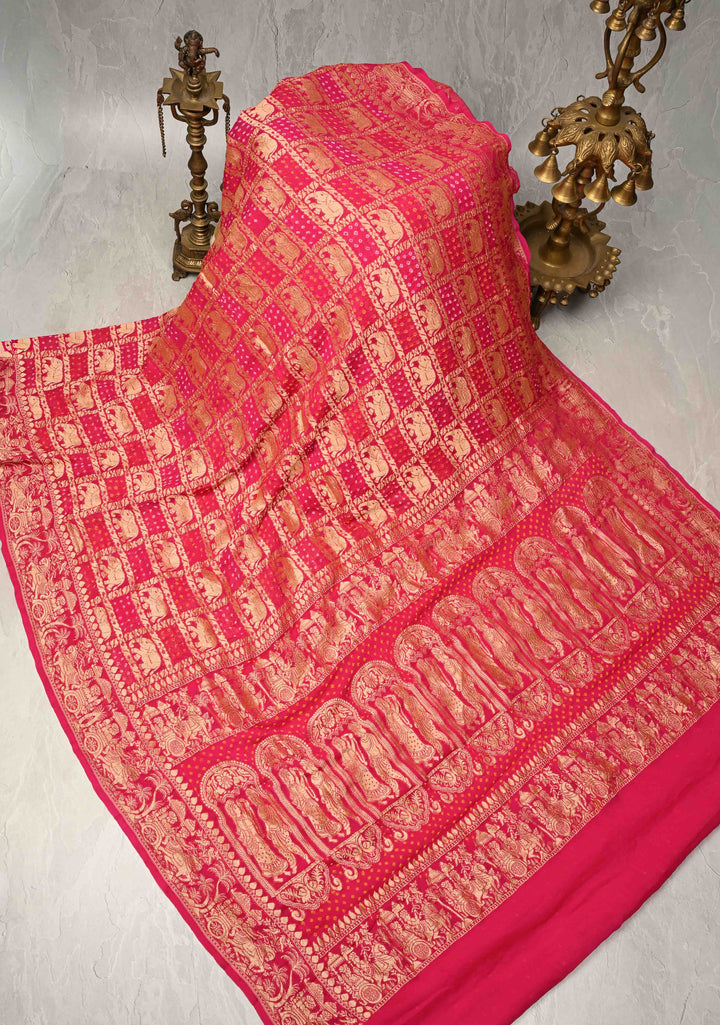Pink Banarasi Gharchola design elephant motifs georgette bhandini saree | SILK MARK CERTIFIED | SHOBITAM