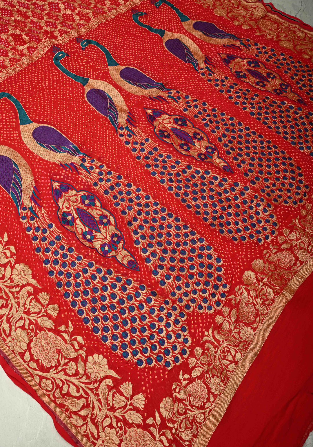 Dupatta: Authentic Bandhej Banarasi Pure Silk Georgette Bright Red Dupatta with Jaal Zari & Peacock Meenakari Pallu | SILK MARK CERTIFIED