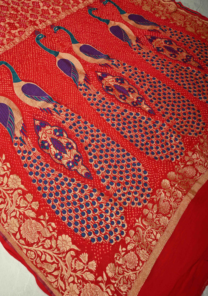 Dupatta: Authentic Bandhej Banarasi Pure Silk Georgette Bright Red Dupatta with Jaal Zari & Peacock Meenakari Pallu | SILK MARK CERTIFIED