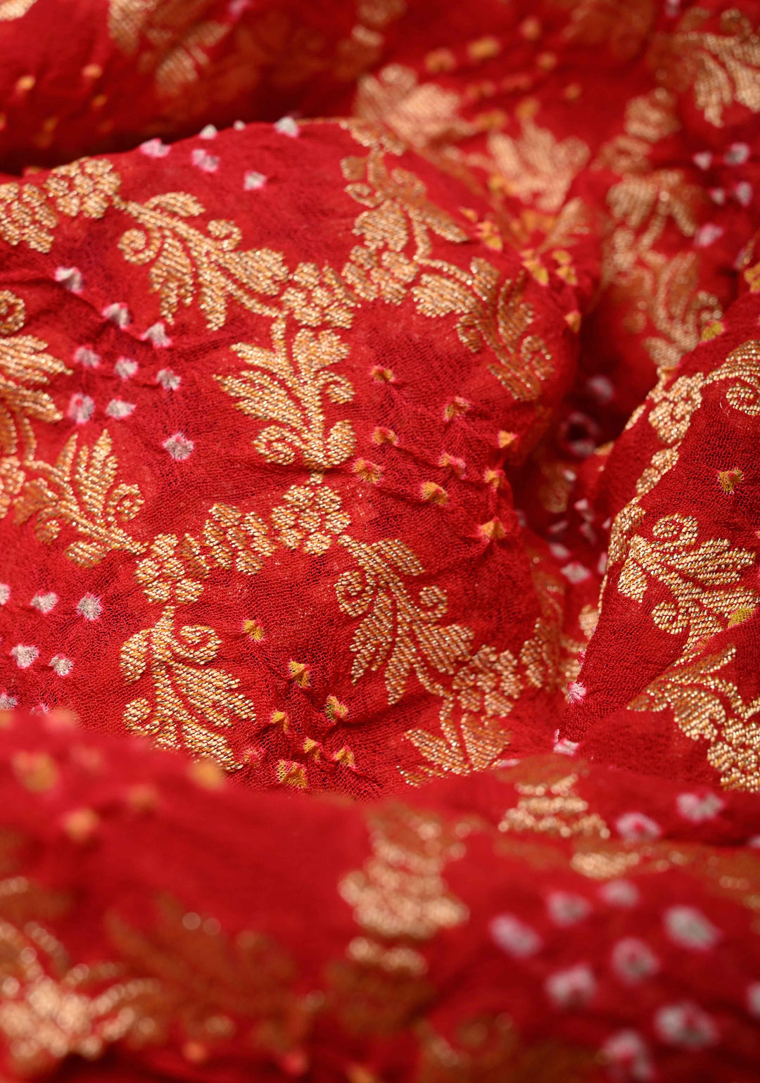 Dupatta: Authentic Bandhej Banarasi Pure Silk Georgette Bright Red Dupatta with Jaal Zari & Peacock Meenakari Pallu | SILK MARK CERTIFIED