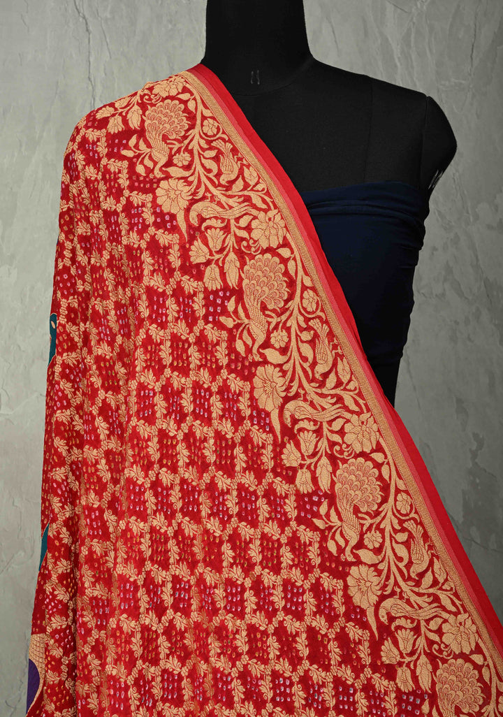 Dupatta: Authentic Bandhej Banarasi Pure Silk Georgette Bright Red Dupatta with Jaal Zari & Peacock Meenakari Pallu | SILK MARK CERTIFIED