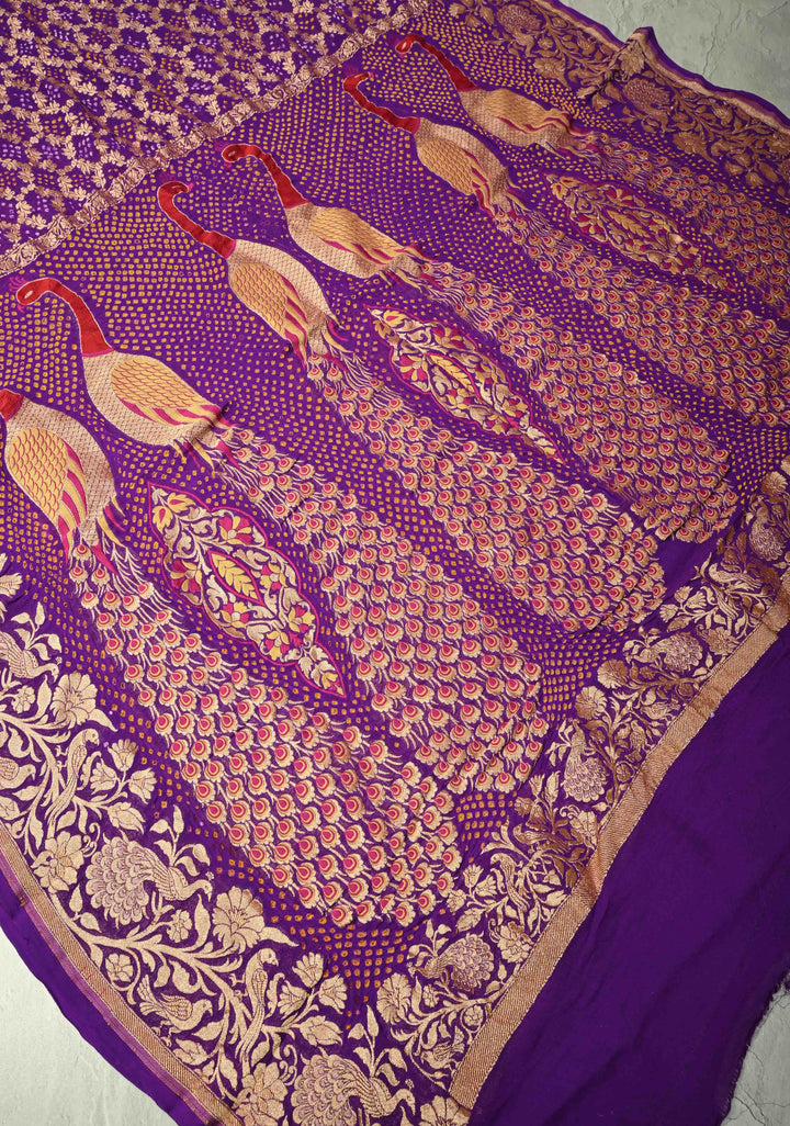 Dupatta: Authentic Bandhej Banarasi Pure Silk Georgette Bright Red Dupatta with Jaal Zari & Peacock Meenakari Pallu | SILK MARK CERTIFIED (Copy)