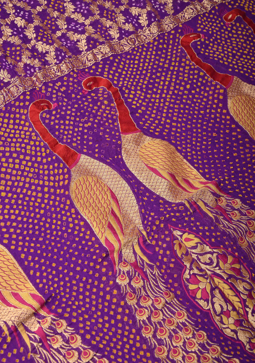 Dupatta: Authentic Bandhej Banarasi Pure Silk Georgette Bright Red Dupatta with Jaal Zari & Peacock Meenakari Pallu | SILK MARK CERTIFIED (Copy)