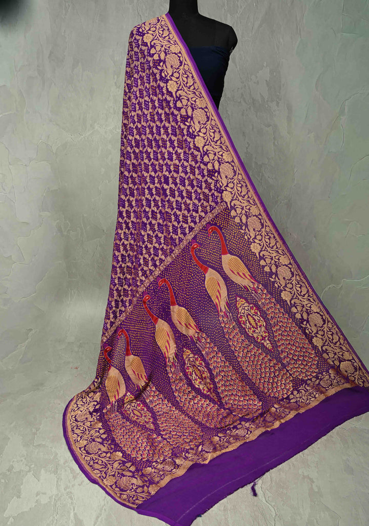 Dupatta: Authentic Bandhej Banarasi Pure Silk Georgette Bright Red Dupatta with Jaal Zari & Peacock Meenakari Pallu | SILK MARK CERTIFIED (Copy)