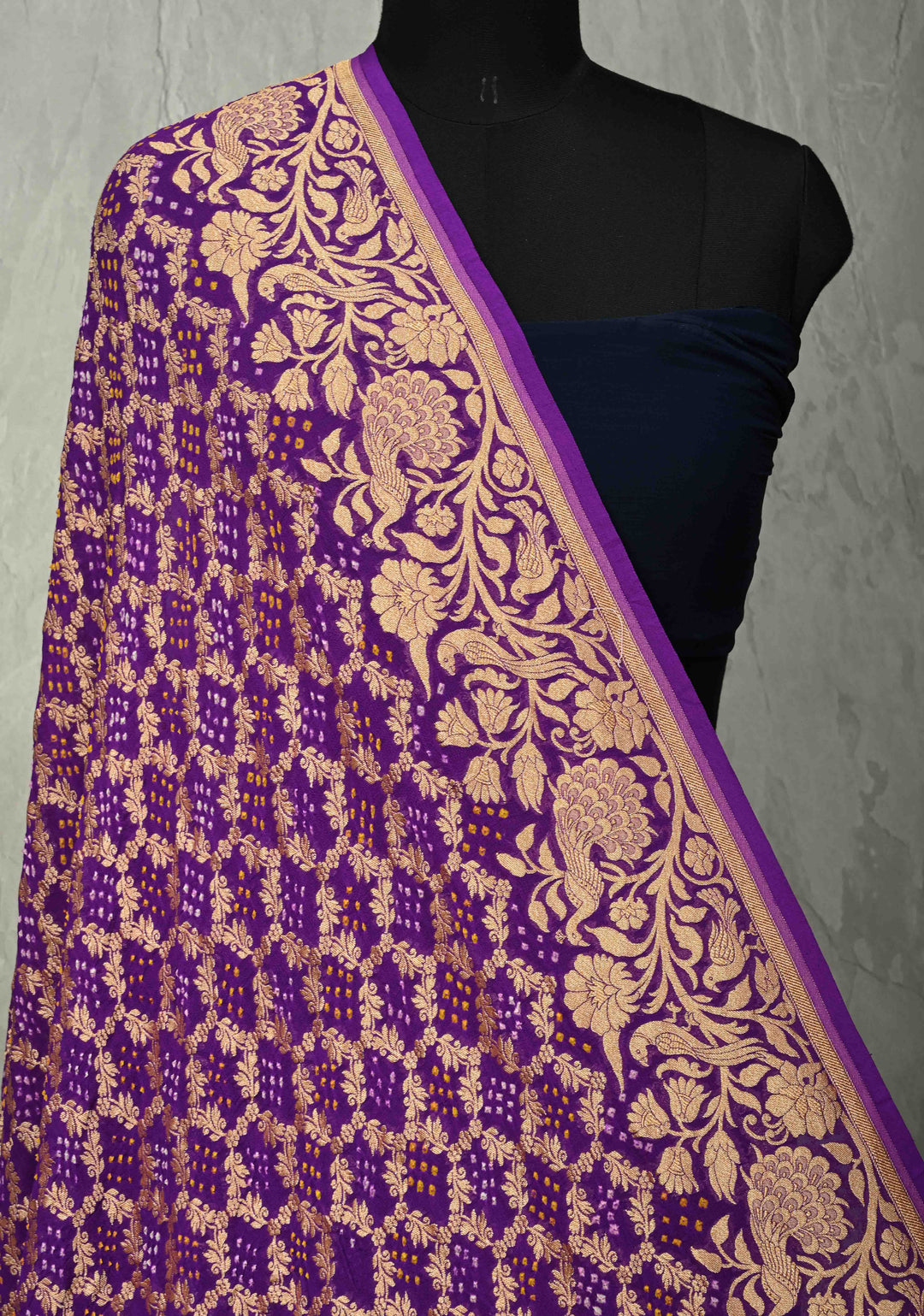 Dupatta: Authentic Bandhej Banarasi Pure Silk Georgette Bright Red Dupatta with Jaal Zari & Peacock Meenakari Pallu | SILK MARK CERTIFIED (Copy)