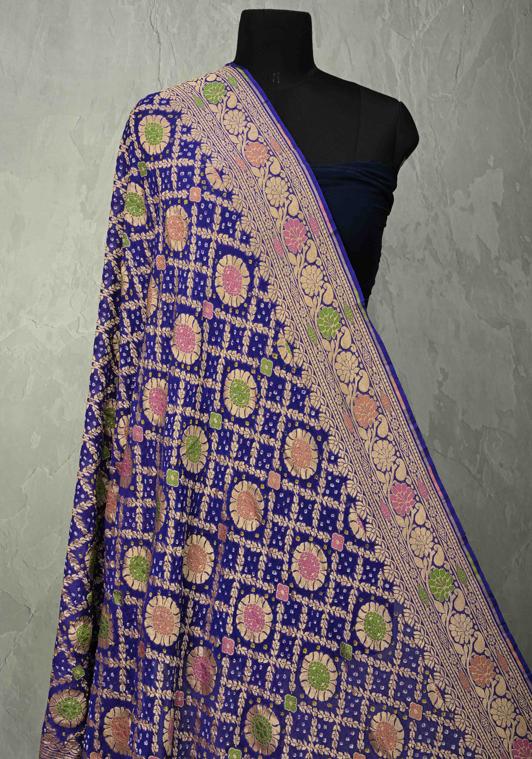 Dupatta - Gharchola Blue Bandhej Banarasi Silk Georgette Dupatta with Meenakari Shikaargah Motifs | SILK MARK CERTIFIED (Copy)