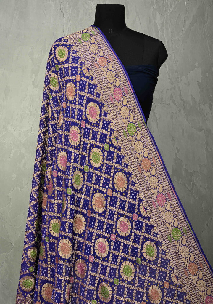Dupatta - Gharchola Blue Bandhej Banarasi Silk Georgette Dupatta with Meenakari Shikaargah Motifs | SILK MARK CERTIFIED (Copy)