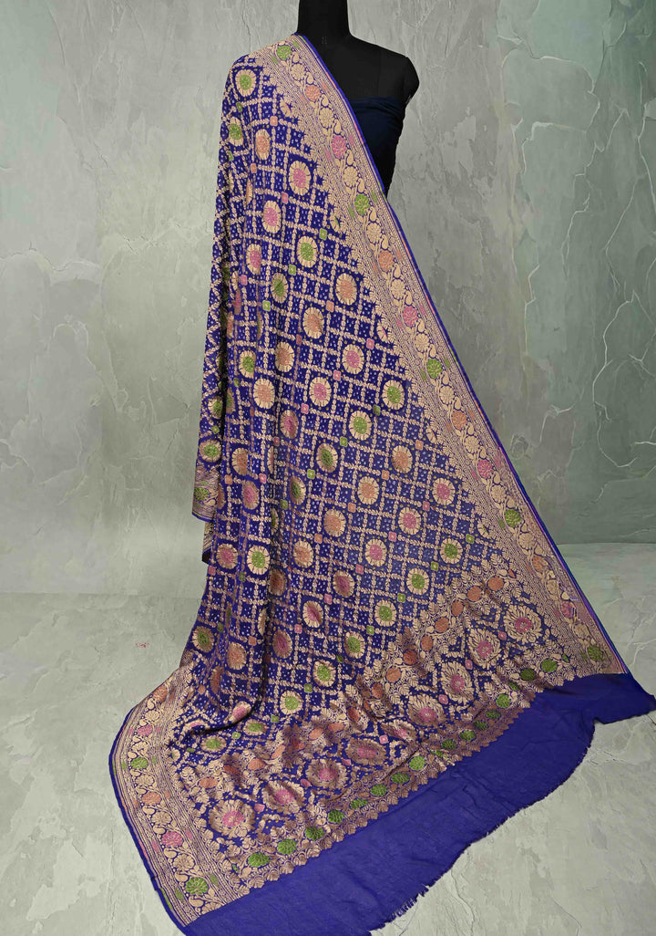 Dupatta - Gharchola Blue Bandhej Banarasi Silk Georgette Dupatta with Meenakari Shikaargah Motifs | SILK MARK CERTIFIED (Copy)