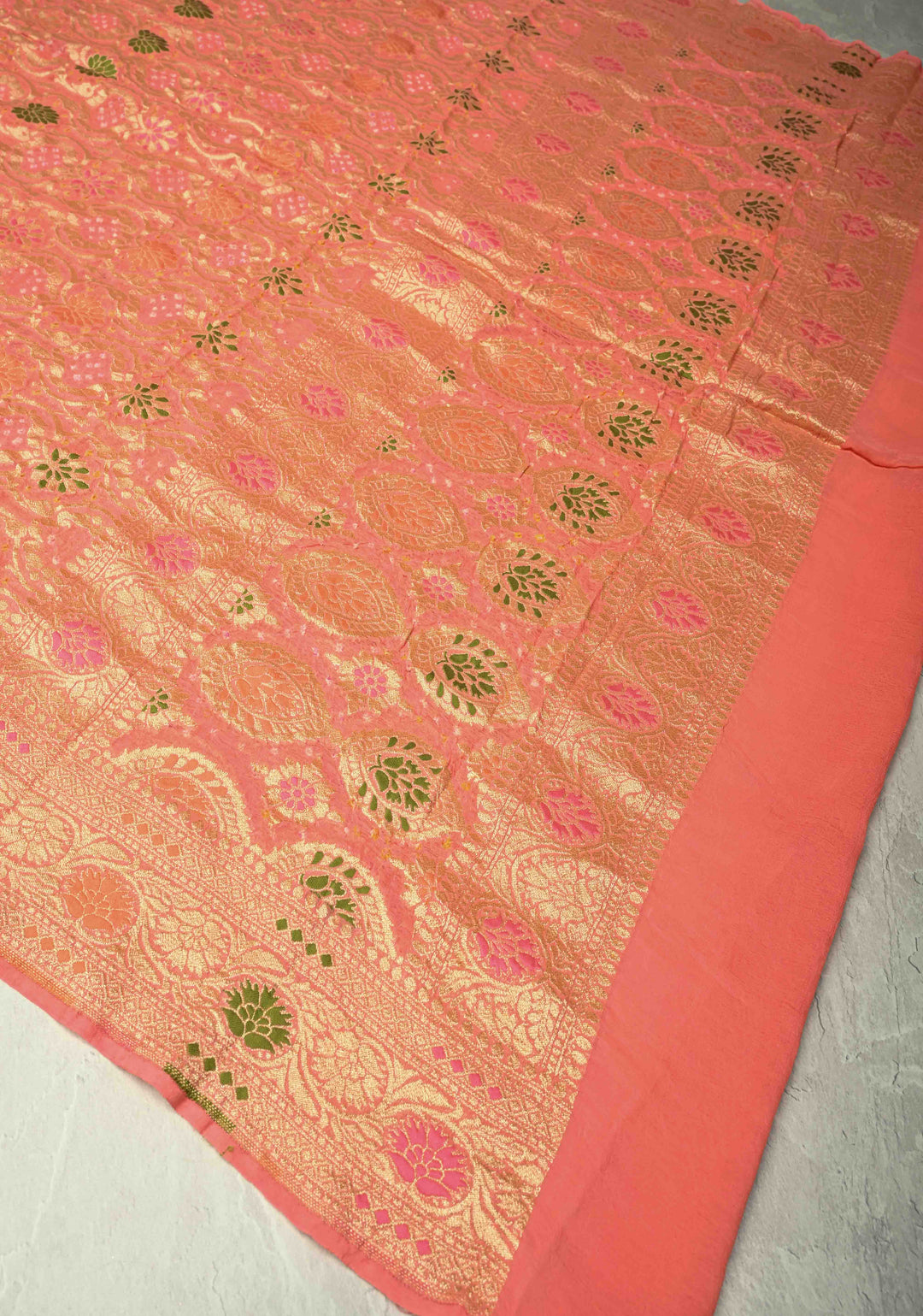Dupatta - Peach Bandhej Banarasi Silk Georgette Dupatta with Meenakari Floral Motifs and Jaal | SILK MARK CERTIFIED