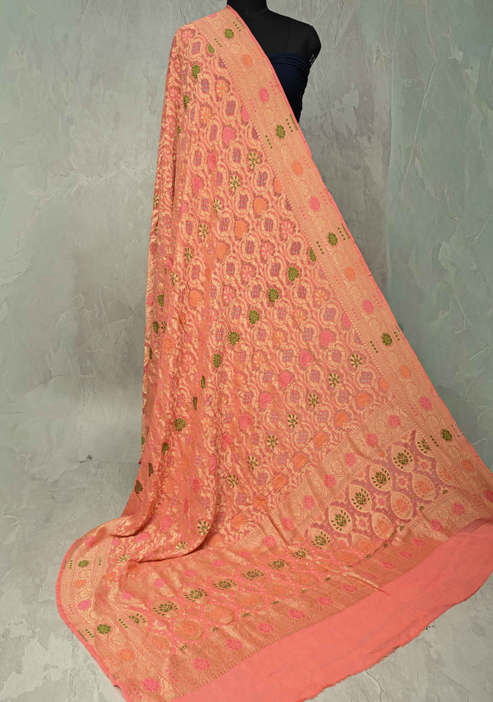 Dupatta - Peach Bandhej Banarasi Silk Georgette Dupatta with Meenakari Floral Motifs and Jaal | SILK MARK CERTIFIED