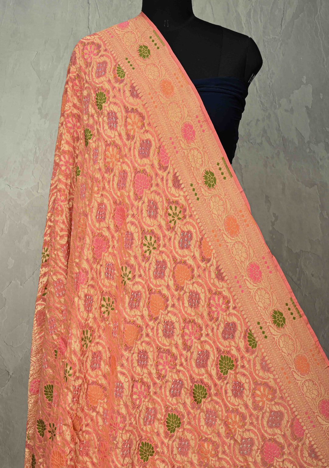 Dupatta - Peach Bandhej Banarasi Silk Georgette Dupatta with Meenakari Floral Motifs and Jaal | SILK MARK CERTIFIED