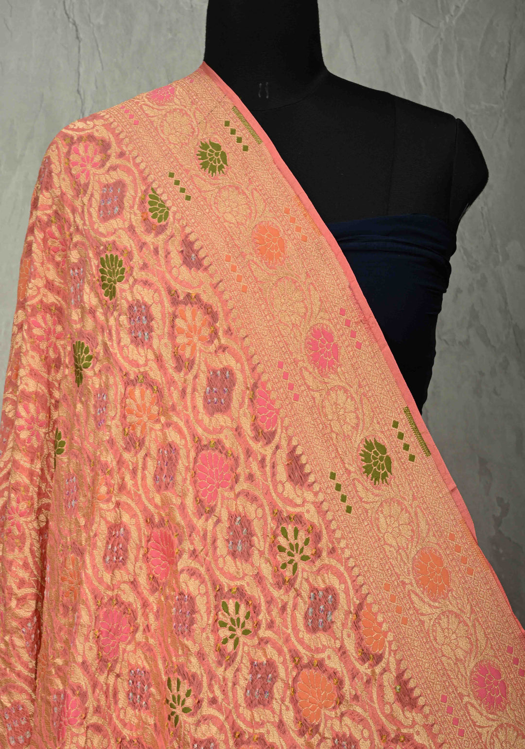 Dupatta - Peach Bandhej Banarasi Silk Georgette Dupatta with Meenakari Floral Motifs and Jaal | SILK MARK CERTIFIED