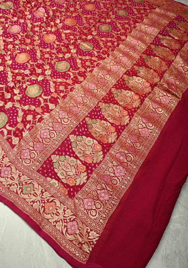 Dupatta - Rani Pink Bandhej Banarasi Silk Georgette Dupatta with Meenakari Floral Motifs and Jaal | SILK MARK CERTIFIED