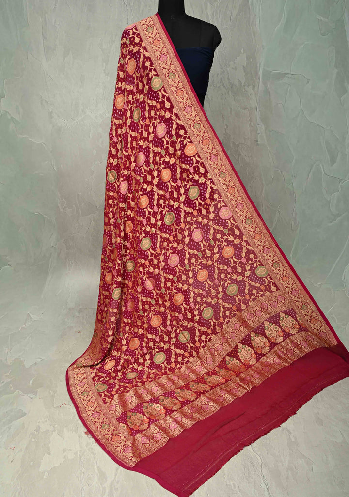 Dupatta - Rani Pink Bandhej Banarasi Silk Georgette Dupatta with Meenakari Floral Motifs and Jaal | SILK MARK CERTIFIED