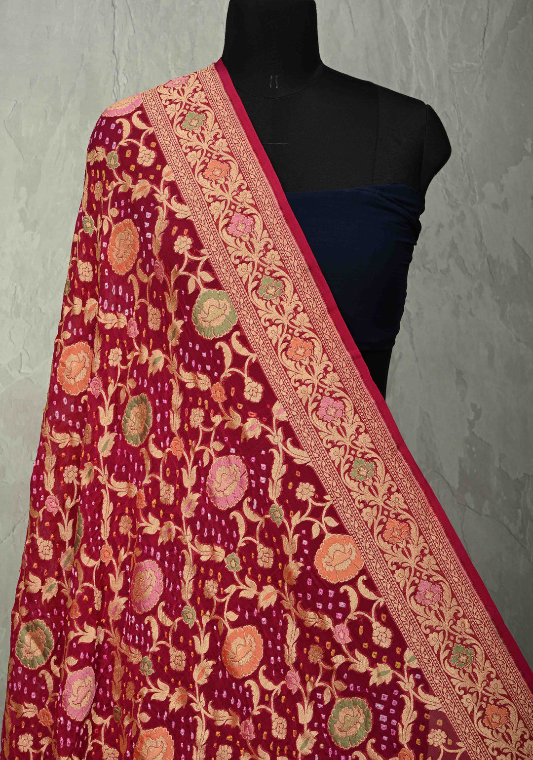 Dupatta - Rani Pink Bandhej Banarasi Silk Georgette Dupatta with Meenakari Floral Motifs and Jaal | SILK MARK CERTIFIED