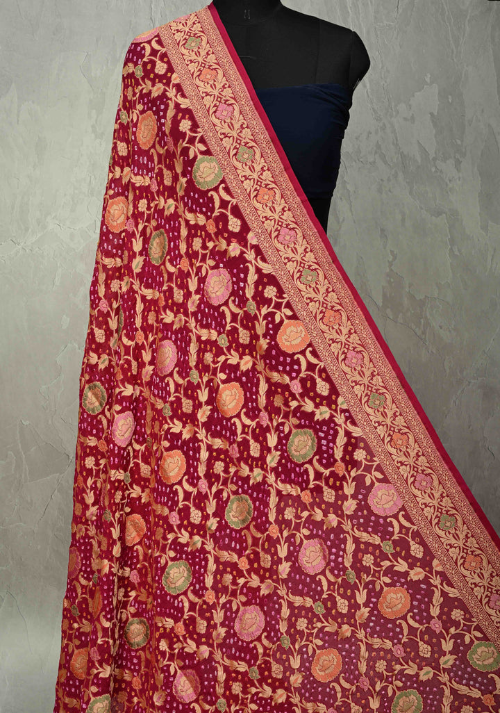 Dupatta - Rani Pink Bandhej Banarasi Silk Georgette Dupatta with Meenakari Floral Motifs and Jaal | SILK MARK CERTIFIED