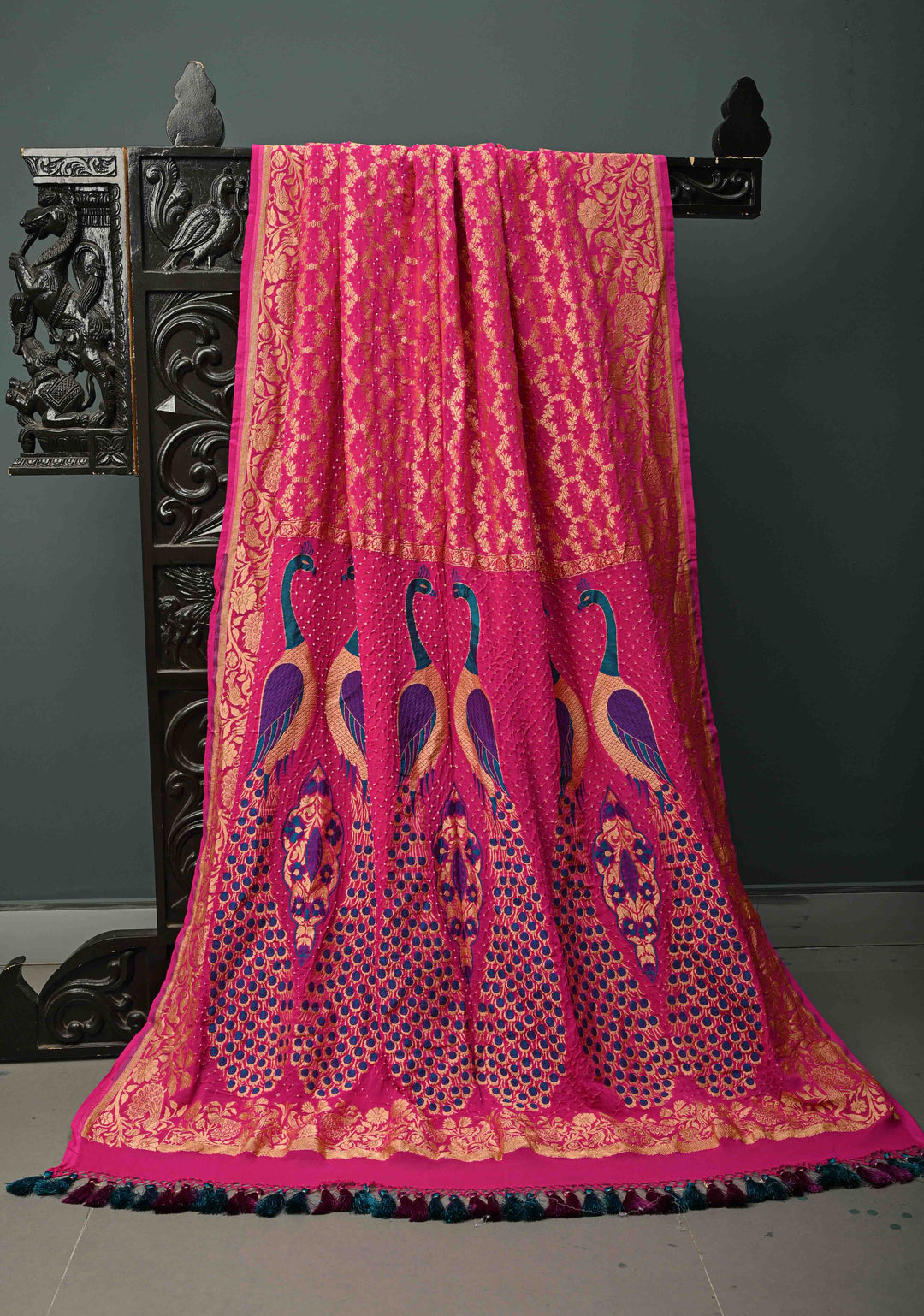 Rani Pink Red Banarasi Georgette Silk Saree with Zari Jaal and Resplendent Peacock Meenakari Pallu  | SILK MARK CERTIFIED | SHOBITAM