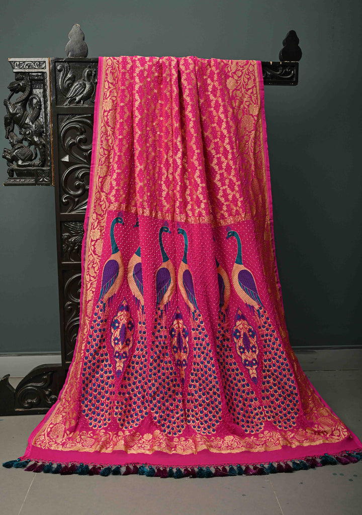 Rani Pink Red Banarasi Georgette Silk Saree with Zari Jaal and Resplendent Peacock Meenakari Pallu  | SILK MARK CERTIFIED | SHOBITAM