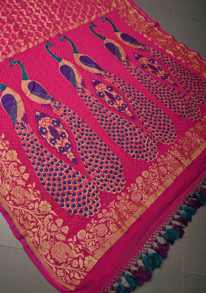 Rani Pink Red Banarasi Georgette Silk Saree with Zari Jaal and Resplendent Peacock Meenakari Pallu  | SILK MARK CERTIFIED | SHOBITAM