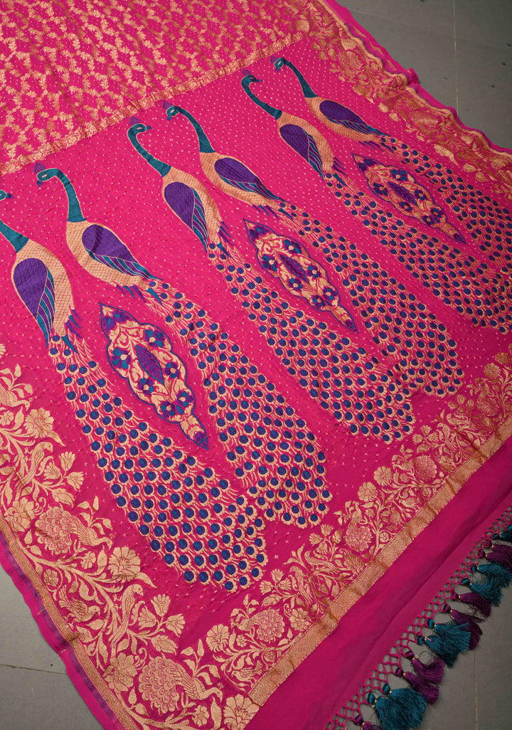 Rani Pink Red Banarasi Georgette Silk Saree with Zari Jaal and Resplendent Peacock Meenakari Pallu  | SILK MARK CERTIFIED | SHOBITAM