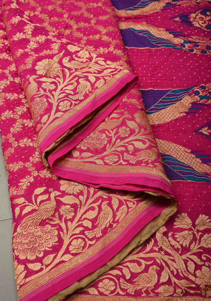 Rani Pink Red Banarasi Georgette Silk Saree with Zari Jaal and Resplendent Peacock Meenakari Pallu  | SILK MARK CERTIFIED | SHOBITAM