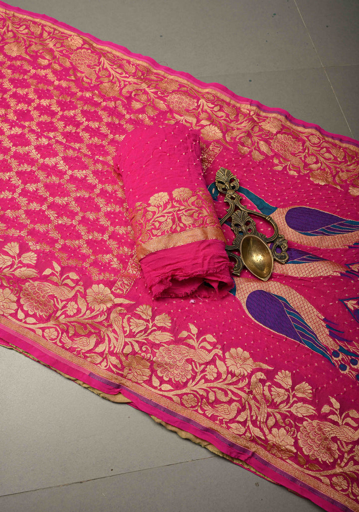 Rani Pink Red Banarasi Georgette Silk Saree with Zari Jaal and Resplendent Peacock Meenakari Pallu  | SILK MARK CERTIFIED | SHOBITAM