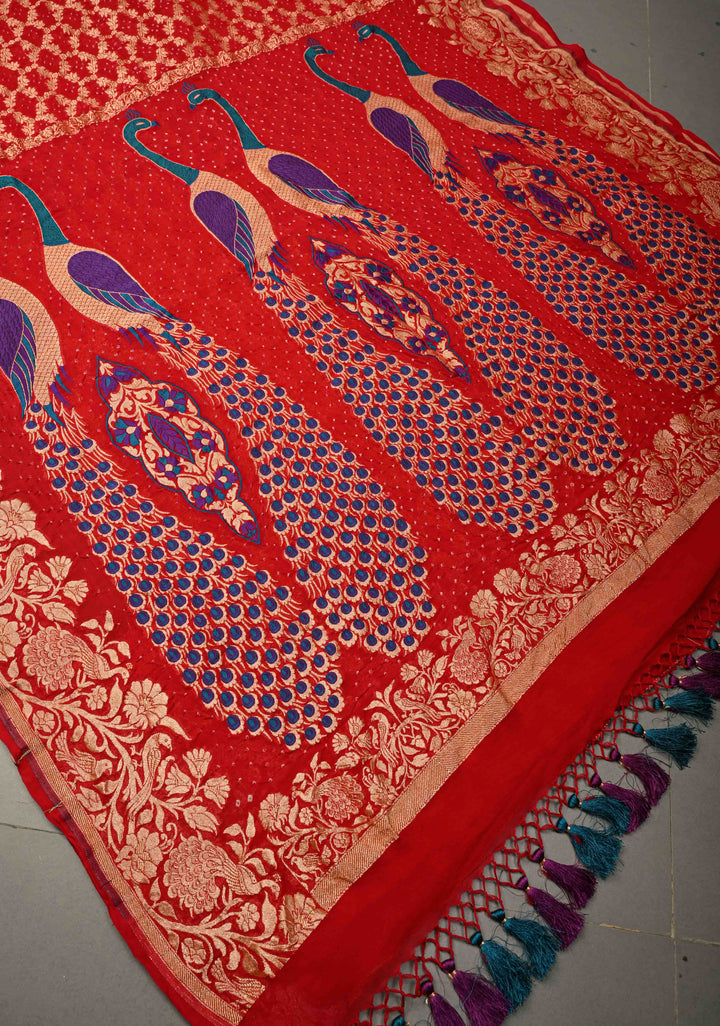 Red Banarasi Georgette Silk Saree with Zari Jaal and Resplendent Peacock Meenakari Pallu  | SILK MARK CERTIFIED | SHOBITAM