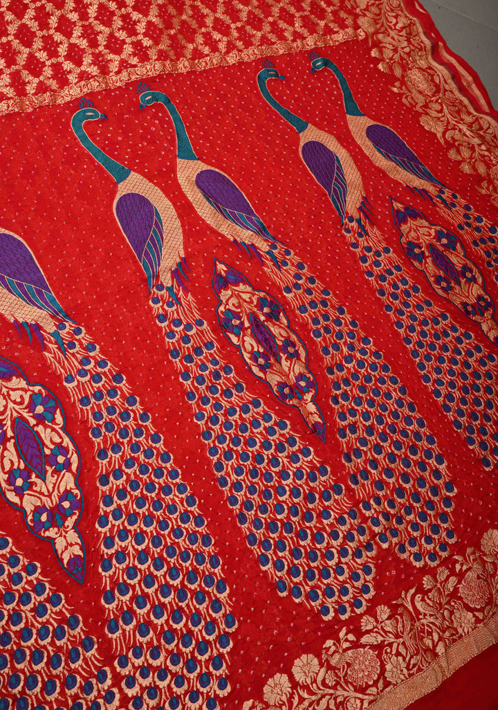 Red Banarasi Georgette Silk Saree with Zari Jaal and Resplendent Peacock Meenakari Pallu  | SILK MARK CERTIFIED | SHOBITAM