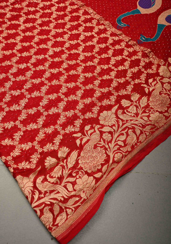 Red Banarasi Georgette Silk Saree with Zari Jaal and Resplendent Peacock Meenakari Pallu  | SILK MARK CERTIFIED | SHOBITAM