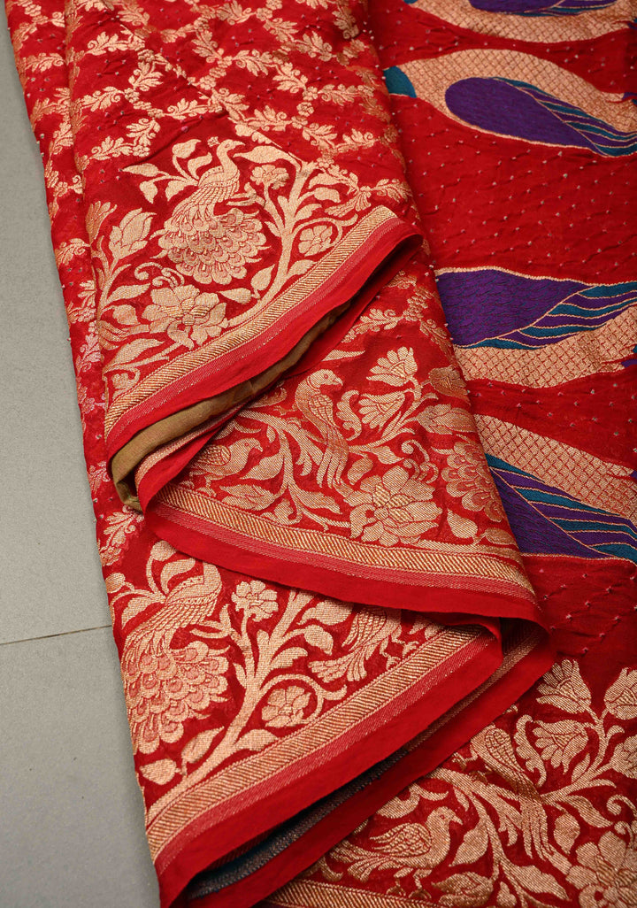 Red Banarasi Georgette Silk Saree with Zari Jaal and Resplendent Peacock Meenakari Pallu  | SILK MARK CERTIFIED | SHOBITAM