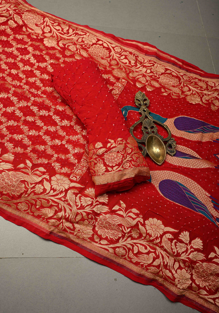 Red Banarasi Georgette Silk Saree with Zari Jaal and Resplendent Peacock Meenakari Pallu  | SILK MARK CERTIFIED | SHOBITAM